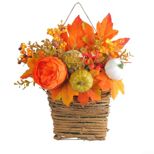 Hasaller Hängeblumenkörbe Künstlicher Herbst Haustür Blumenkorb Künstliche Sonnenblume und Ahornblatt Arrangement Rebe Hängearrangement für Veranda 15x12x34cm von Hasaller