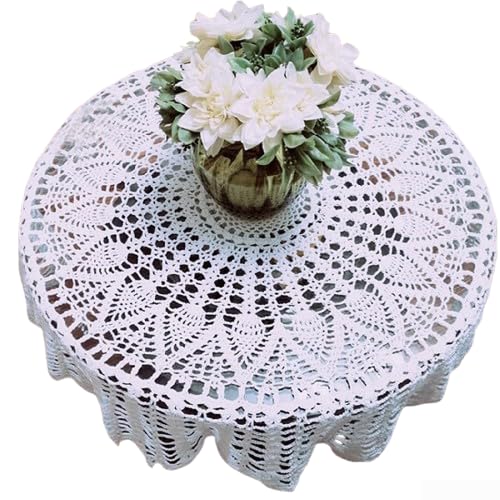 Hasaller Handgehäkelte Baumwoll-Tischdecke mit Blumenmuster, Vintage, rund, Esstisch-Overlay, 165 cm Durchmesser von Hasaller