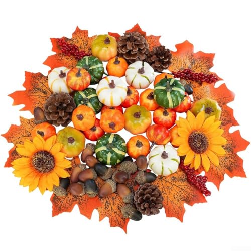 Hasaller Künstliche Kürbisse, buntes Schaumstoff-Kürbis-Dekorationsset mit -Ahornblättern, Tannenzapfen, Sonnenblumen-Beeren für Herbst, Ernte, Halloween, Erntedankfest, festliche Heimdekoration von Hasaller