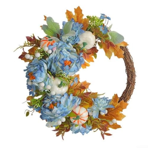 Herbsternte Haustürkranz mit rustikalem Kürbis und Blumendekor für Veranda, Wand oder Fenster, saisonale Heimdekoration im Bauernhaus-Stil (blau) von Hasaller