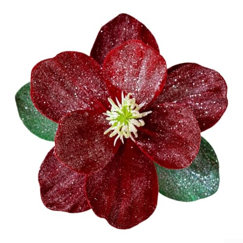 Künstliche Magnolien-Blumen mit glitzernden Blütenblättern für Weihnachtsbaumschmuck und Heimakzent, faltbares Design für anpassbare Blumenarrangements (rot) von Hasaller