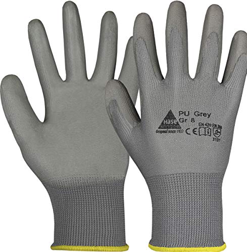 10 Paar Hase Safety Gloves PU Grey Nylonhandschuhe Arbeitshandschuhe mit PU-Beschichtung, ölbeständige Montagehandschuhe, Ideal für Feinarbeiten, Montage, Industrie Gr. L (09) von Hase Safety Gloves