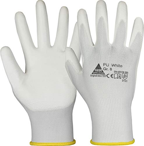 10 Paar Hase Safety Gloves PU White Nylonhandschuhe Arbeitshandschuhe mit PU-Beschichtung, ölbeständige Montagehandschuhe, Ideal für Feinarbeiten, Montage, Industrie Gr. M (08) von Hase Safety Gloves