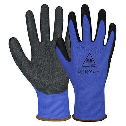 10 Paar Hase Superflex Arbeitshandschuhe mit Latexbeschichtung, Rutschfeste Gartenhandschuhe, Angenehmer, Ideal für Handwerk, Gartenarbeiten, Industrie Blau Gr. M (08) von Hase Safety Gloves