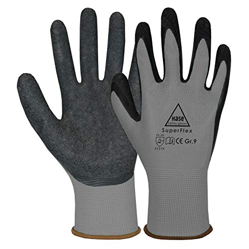 10 Paar Hase Superflex Arbeitshandschuhe mit Latexbeschichtung, Rutschfeste Gartenhandschuhe, Angenehmer, Ideal für Handwerk, Gartenarbeiten, Industrie Grau Gr. L (09) von Hase Safety Gloves