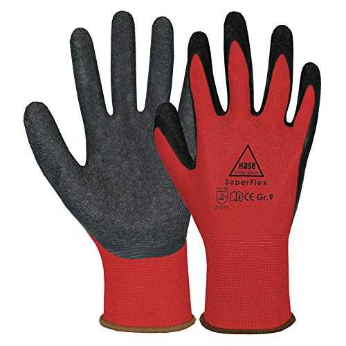 10 Paar Hase Superflex Arbeitshandschuhe mit Latexbeschichtung, Rutschfeste Gartenhandschuhe, Angenehmer, Ideal für Handwerk, Gartenarbeiten, Industrie Rot Gr. L (09) von Hase Safety Gloves