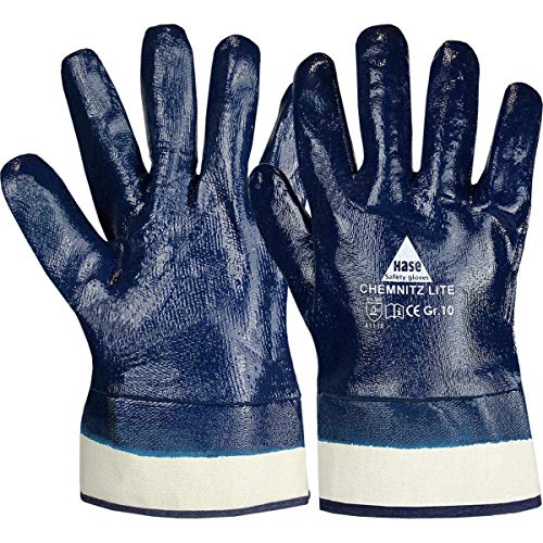 12 Paar Hase Safety Chemnitz Lite Nitril-Arbeitshandschuhe vollbeschichtet, ölbeständige Nitrilhandschuhe mit Stulpe Größe L (09) von Hase Safety Gloves