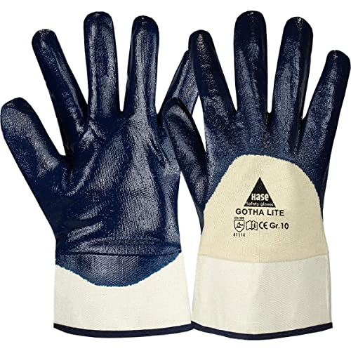 12 Paar Hase Safety Gotha Lite Nitril-Arbeitshandschuhe teilbeschichtet, ölbeständige Nitrilhandschuhe mit Stulpe Größe L (09) von Hase Safety Gloves