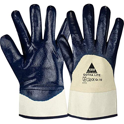 12 Paar Hase Safety Gotha Lite Nitril-Arbeitshandschuhe teilbeschichtet, ölbeständige Nitrilhandschuhe mit Stulpe Größe XL (10) von Hase Safety Gloves