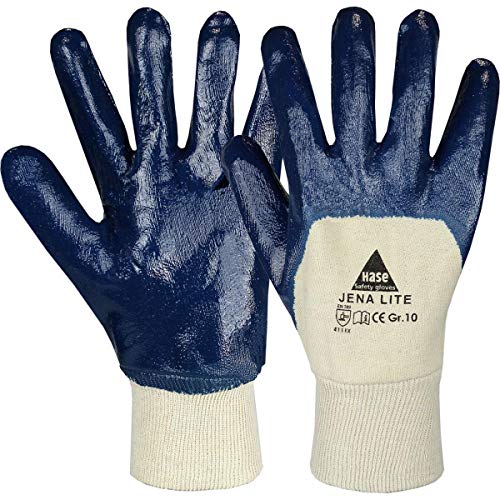 12 Paar Hase Safety Jena Lite Nitril-Arbeitshandschuhe teilbeschichtet, ölbeständige Nitrilhandschuhe mit Strickbund Größe M (08) von Hase Safety Gloves