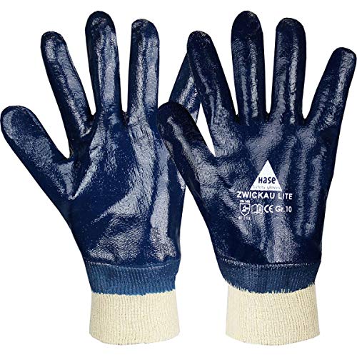 12 Paar Hase Safety Zwickau Lite Nitril-Arbeitshandschuhe vollbeschichtet, ölbeständige Nitrilhandschuhe mit Strickbund Größe L (09) von Hase Safety Gloves