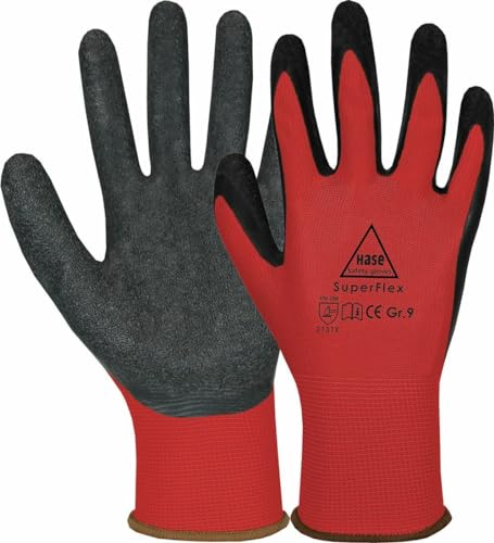 Hase 1/10 / 100 Paar Sicherheitshandschuhe Superflex Red - Polyamid/Latex - der perfekte Handschuh für griffige Arbeiten im Innen- und Außenbereich geeignet (10, 9) von Hase