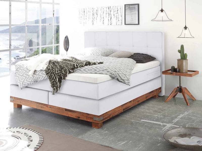 Hasena Boxspringbett Boston Pronto 140 x 200 cm Akazie Vintage brown, lackiert (62) Kunstleder Express white (323) Base-Top von Hasena Pronto