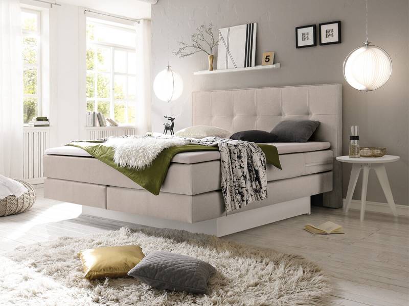 Hasena Boxspringbett Miami Pronto Buche weiß deckend lackiert (10) Stoff Pepe beige (327) 160 x 200 cm Agrea-Top von Hasena Pronto
