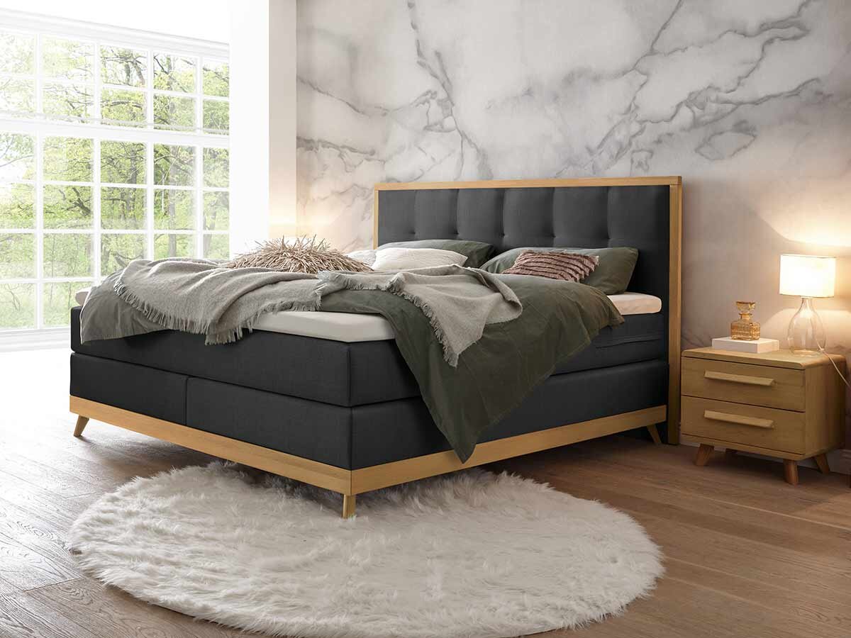 Hasena Boxspringbett Villa Pronto 140 x 200 cm Eiche bianco, gebürstet, geölt (73) Stoff Pepe Anthracit (328) Agrea-Top von Hasena Pronto