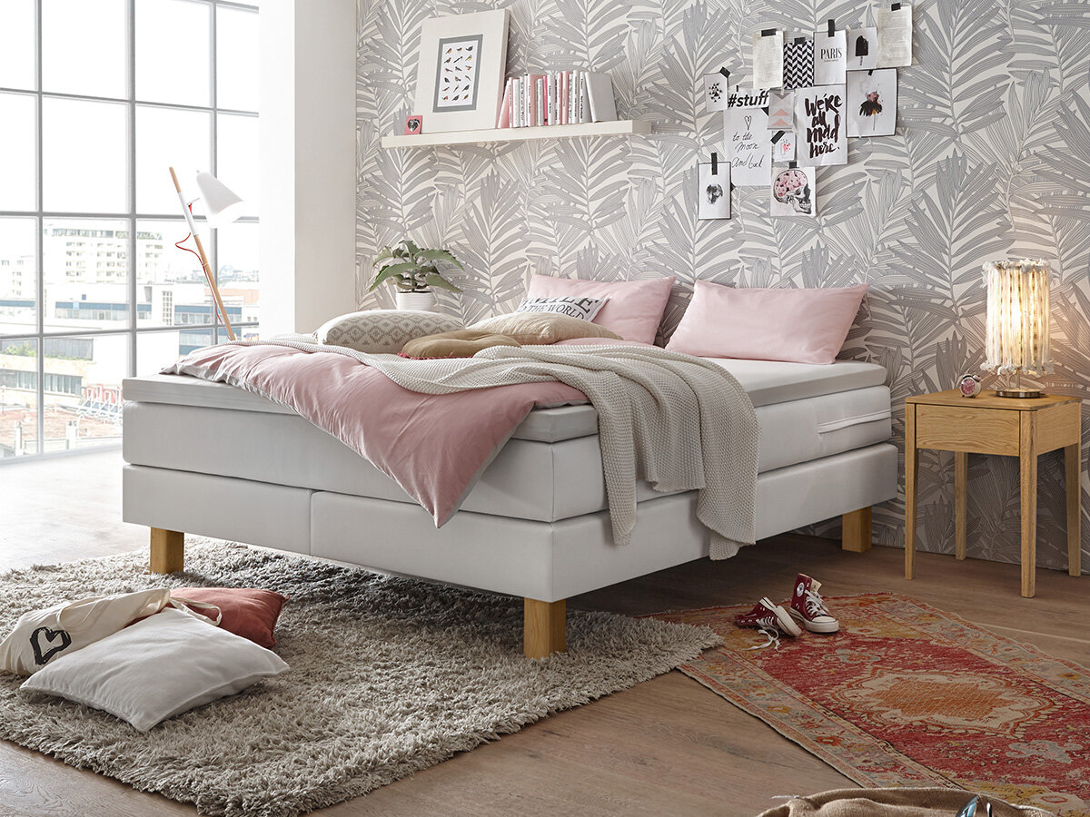 Hasena Boxspringliege Isoba Pronto Eiche bianco, gebürstet, geölt (73) Kunstleder Express white (323) 140 x 200 cm Superio-Top von Hasena Pronto