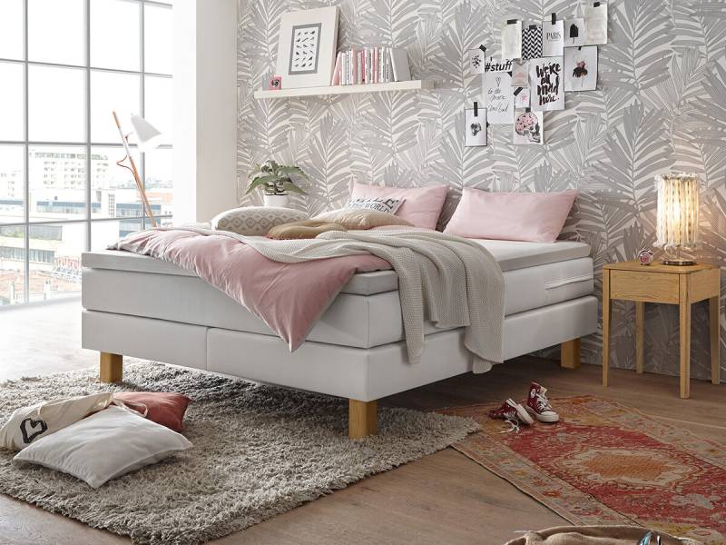 Hasena Boxspringliege Isoba Pronto Eiche bianco, gebürstet, geölt (73) Kunstleder Express white (323) 140 x 200 cm Superio-Top von Hasena Pronto