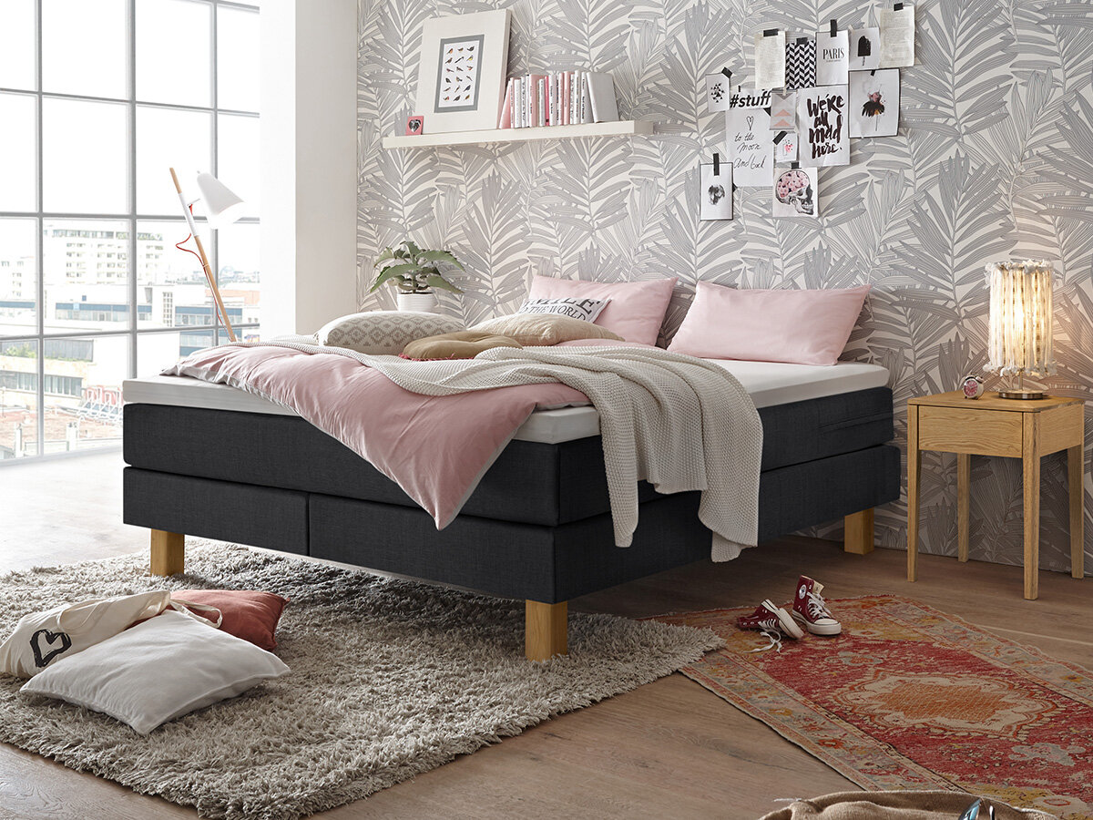 Hasena Boxspringliege Isoba Pronto Eiche bianco, gebürstet, geölt (73) Stoff Pepe Anthracit (328) 160 x 200 cm Agrea-Top von Hasena Pronto