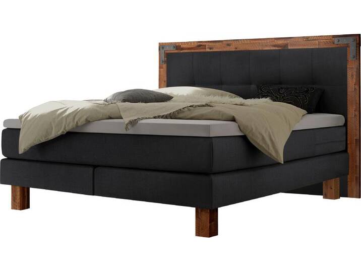Boxspringbett HASENA Memphis , braun (anthrazit, akazie grau), B:158cm L:206cm, Komplettbetten, Boxspringbett, im Vintagelook, Massivholz-Umrandung, Tonnentaschen-Federkernmatratze von Hasena