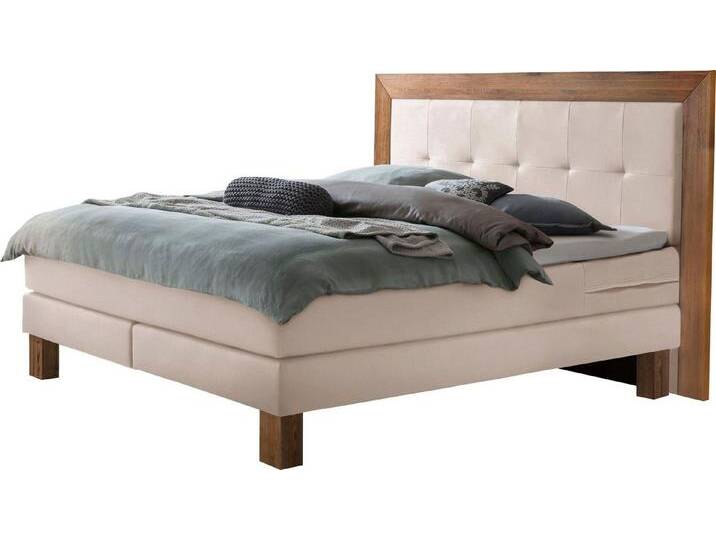HASENA Boxspringbett Rustico, Umrandung in Wildeiche, Punktsteppung im Kopfteil, Federkernmatraze, beige, Matratze H3, mit Topper Agrea von Hasena