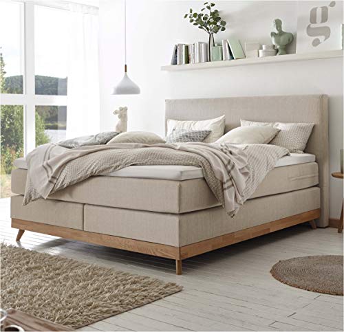 Hasena Boxspringbett Scandia Eiche Bianco|Stoff beige 180x200 Topper Base (Liegekomfort: fest) von Hasena