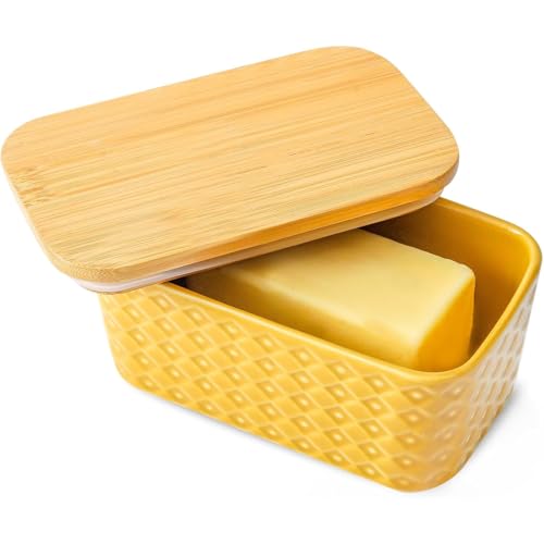 Hasense Butterdose aus Keramik mit Verschlussdeckel, großer gelber Butterbehälter für die Arbeitsplatte, luftdichte Butterstab-Aufbewahrung, geprägtes Muster, leicht zu reinigen, spülmaschinenfest von Hasense