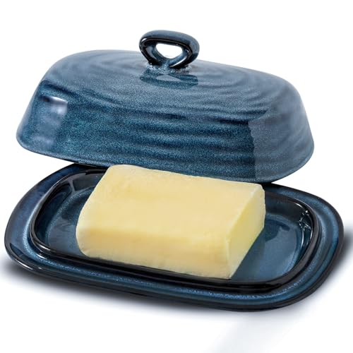 Hasense Butterdose mit Deckel, Porzellan-Butterbehälter mit Griff für Arbeitsplatte, Bauernhaus-Küchendekoration als Geschenk, blau von Hasense