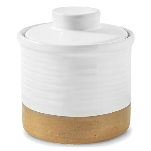 Hasense Französische Butterdose mit Deckel, Keramik-Buttertopf für Arbeitsplatte mit Wasserlinie für streichbare Butter, Bauernhaus-Butterbehälter für Weihnachtsgeschenk, Heimküchendekoration, Weiß von Hasense