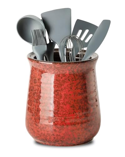 Hasense Küchenutensilienhalter für Arbeitsplatte, 18 cm großer Keramik-Utensilienbehälter, Utensilien-Organizer und rustikale Tischdekoration für Spatel, rot von Hasense