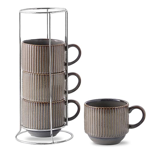 Hasense Porcealin Kaffeetassen, stapelbare Kaffeetassen, 4er-Set mit Ständer, 425 ml, große gerippte Latte-Tassen-Set aus Keramik, für Cappuccino, Tee, heißen Kakao, Getränke, spülmaschinen- und von Hasense