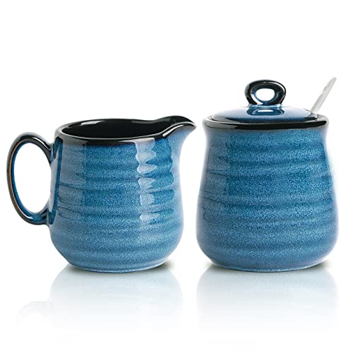 Hasense Porzellan-Zucker- und Milchkännchen-Set, 325 ml Zuckerdose mit Deckel und Löffel, 284 ml Sahnekrug, Bauernhaus-Kaffeesets zum Servieren, spülmaschinenfest (blau) von Hasense