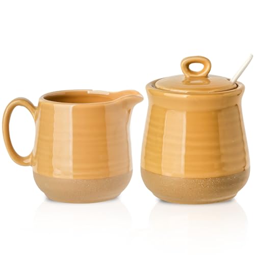 Hasense Zucker- und Milchkännchen-Set, 325 ml, Zuckerdose mit Deckel und Löffel, 284 ml, Milchkännchen-Behälter, Keramik-Sahne- und Zucker-Set für Kaffeebar, spülmaschinenfest, Gelb von Hasense