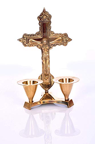 HASHCART® Katholisches Kruzifixkreuz mit Kerzenständer – Kerzenhalter (15,2 cm) – Jesus Christus Statue & Figur für Tischdekoration | Heimbüro Dekor | Kirche von Hashcart