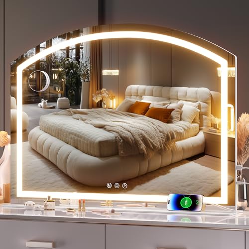 Hasipu Bogen Kosmetikspiegel mit Beleuchtung, 100 x 75cm LED Schminkspiegel mit 10 Facher Vergrößerung, Tischspiegel mit USB-Ladeanschluss, dimmbarer 3-Farben-Modus von Hasipu
