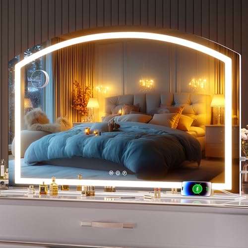 Hasipu Bogen Kosmetikspiegel mit Beleuchtung, 120 x 80cm LED Schminkspiegel mit 10 Facher Vergrößerung, Tischspiegel mit USB-Ladeanschluss, dimmbarer 3-Farben-Modus von Hasipu