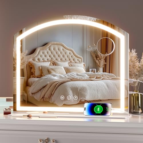 Hasipu Bogen Kosmetikspiegel mit Beleuchtung, 60 x 50cm LED Schminkspiegel mit 10 Facher Vergrößerung, Tischspiegel mit USB-Ladeanschluss, dimmbarer 3-Farben-Modus von Hasipu