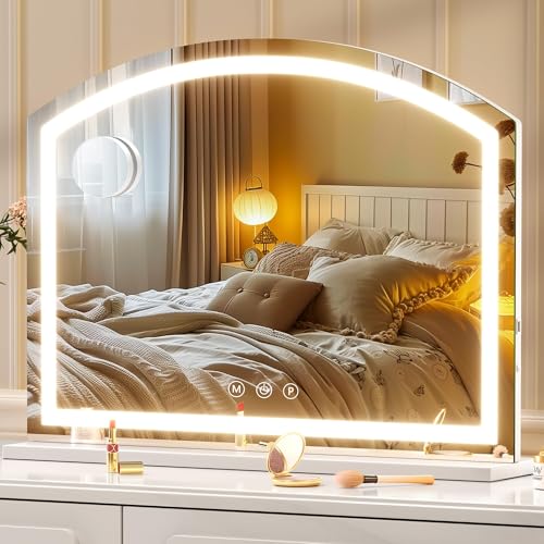 Hasipu Bogen Kosmetikspiegel mit Beleuchtung, 80 x 60cm LED Schminkspiegel mit 10 Facher Vergrößerung, Tischspiegel mit USB-Ladeanschluss, dimmbarer 3-Farben-Modus von Hasipu