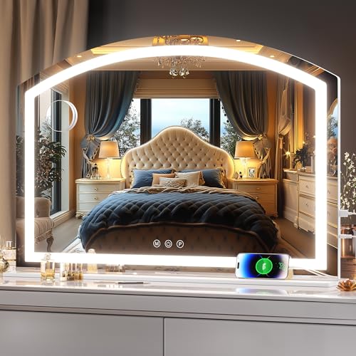 Hasipu Bogen Kosmetikspiegel mit Beleuchtung, 90 x 60cm LED Schminkspiegel mit 10 Facher Vergrößerung, Tischspiegel mit USB-Ladeanschluss, dimmbarer 3-Farben-Modus von Hasipu