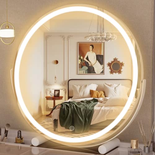 Hasipu Kosmetikspiegel mit Lichtern, 45,7 cm, LED-beleuchtet, Smart Touch-Steuerung, 3 Farben, dimmbar, runder Spiegel, 360° drehbar, Weiß von Hasipu