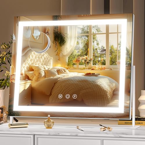 Hasipu Schminkspiegel mit Licht, 35 x 27cm Spiegel mit Beleuchtung, LED Kosmetikspiegel mit 10x Vergrößerung und USB-Ladeanschluss, 3 Farbtemperatur Licht, Smart Touch, Quadratisch Weiß von Hasipu