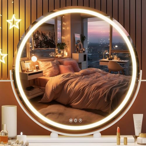 Hasipu Vanity Mirror mit LED-Lichtern, 60 x 60cm LED Makeup Spiegel, Smart Touch Control, 3 Farben Dimmbar, 360° Rotation, Weiß, Rund, 61 cm von Hasipu