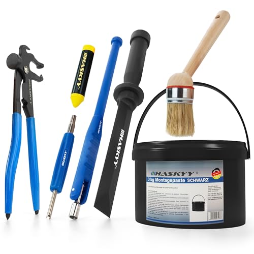 3kg Reifenmontagepaste Montagewax Schwarz Set inkl. Ventildreher, Ventileinzieher, Profi Auswuchtzange für Klebe- und Schlaggewichte, Fettkreide, Montagepinsel & Schaber von HASKYY