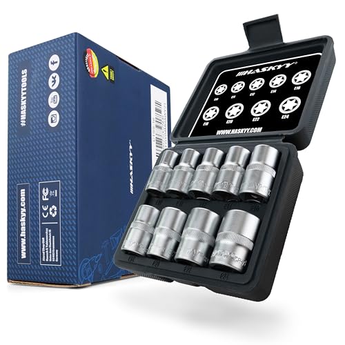 HASKYY Außen Torx Steckschlüsselsatz 1/2" E-Profil Set E10 - E24 Steckschlüsseleinsätze 9-teilig Stecknüsse für Torx-Außenschrauben KFZ-Werkzeug in Sortimentskasten von HASKYY