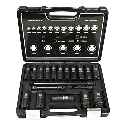 HASKYY Schlagschrauber Nüsse Set 10-27mm 1/2" 19 tlg. 2x Verlängerung 1/4 Adapter von HASKYY