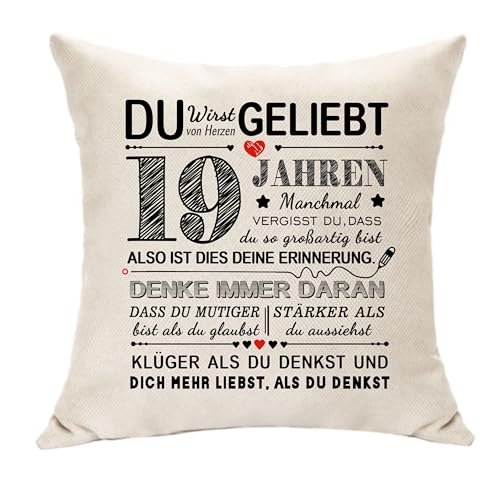 Hasodeo Original Geschenke zum 19. Geburtstag für Sie Ihn Personalisierte Deko Geburtstagsgeschenke für 19 Jahren Jungen Mädchen Geburtstag Andenken Quadratische Kissen Taille Kissenbezug (19.) von Hasodeo