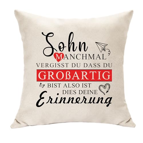 Hasodeo Sohn Dekoration Geschenke von Eltern Kissenbezug Inspirierende Geschenke für Sohn Tägliche Erinnerung Affirmation Kissen Taille Pflege Quadrate 45 x 45 von Hasodeo