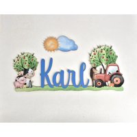 Personalisierbares Holz Türschild Kinderzimmer Bauernhof Tiere Wanddeko Namensschild Baby Geschenk Geburt Taufe Geburtstag 38 cm von Hasterklabaster