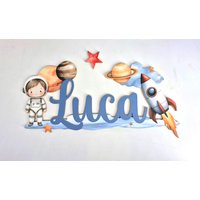 Türschild Astronaut, Weltall. Planeten, Personalisiert, Blau, Rot, Gelb, Jungs, Geschenk Zur Taufe, Geburt von Hasterklabaster