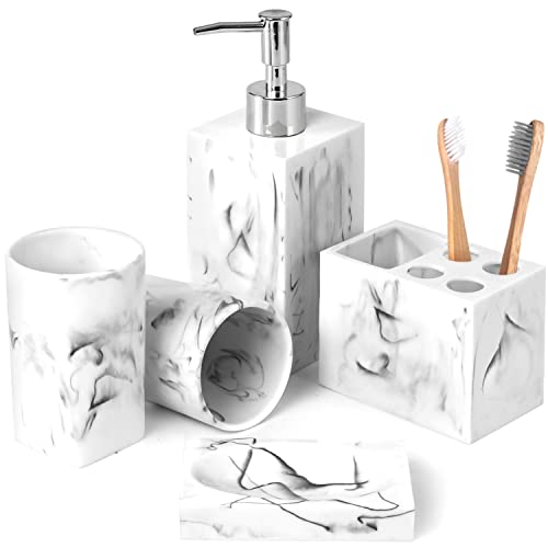 Haturi Badezimmer-Zubehör-Set, 5-teilig, Marmor-Look, Seifenspender und Zahnbürstenhalter, Theke, WC, Wohnung, Dekoration, Harz, Geschenk für Damen und Herren, Tintenweiß von Haturi