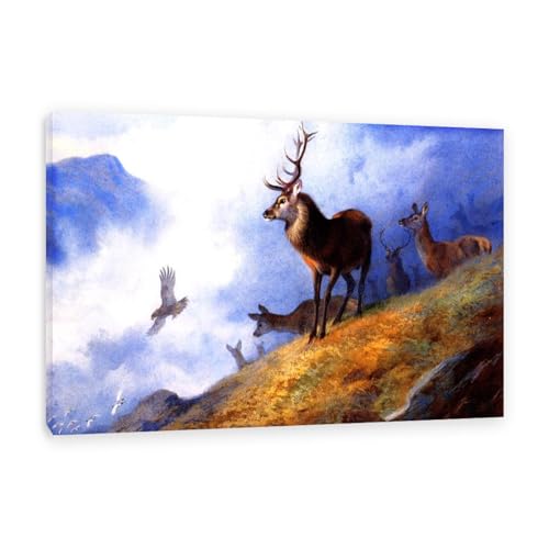 Hau3sh3a Archibald Thorburn Kunstwerk auf Leinwand Rote Hirsche beobachtet eine goldene Adlerjagd leinwand gemälde vögel Berühmte Ölgemälde Reproduktion Wandkunst Wohnzimmer 60x40cm(24x16in) Gerahmt von Hau3sh3a